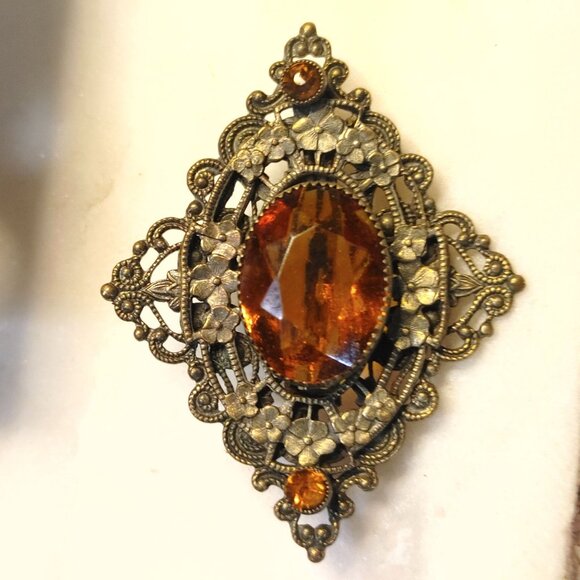 Antique Victorian Brass Filigree Brooch Yellow Orange Amber Colored Glass - Picture 11 of 16